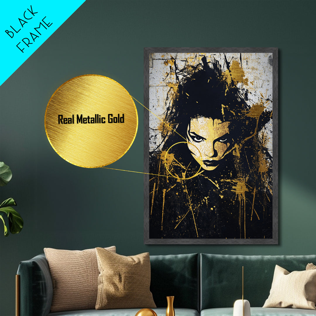 Haunted Graffiti Face Metallic Gold Art, Gothic Halloween Wall Decor, Horror Metal Art Portrait in Natural Wood Frame