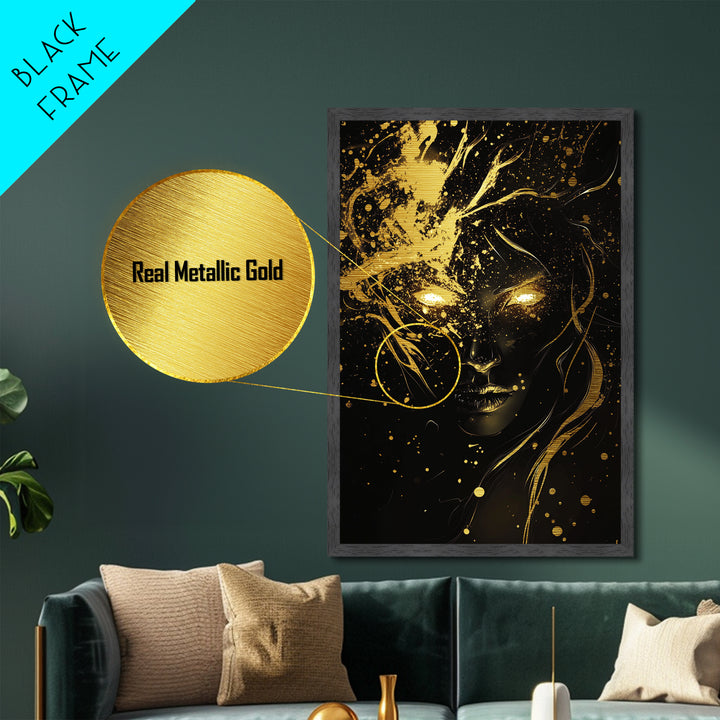 Glowing Eyes Metallic Gold Art, Spooky Season Witchy Horror Portrait, Gothic Metal Art in Real Wood Frame