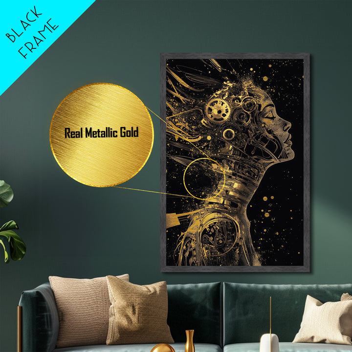 Metallic Gold Art Cyberpunk Automaton Portrait | Gothic Halloween Metal Art Wall Decor | Framed in Real Natural Wood