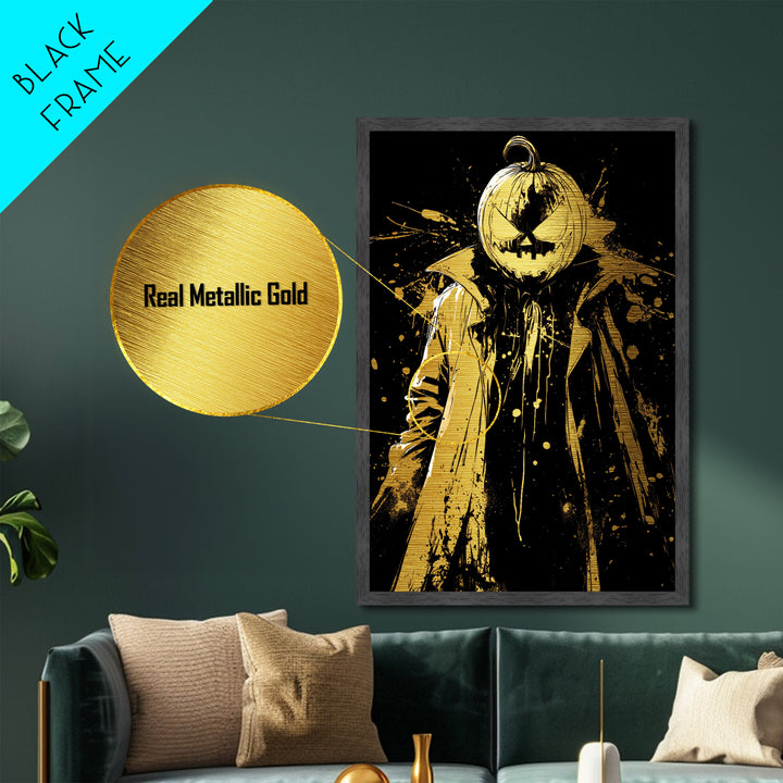 Metallic Gold Art Jack O Lantern Villain | Horror Halloween Metal Art Home Wall Decor | Real Wood Frame Gothic Display