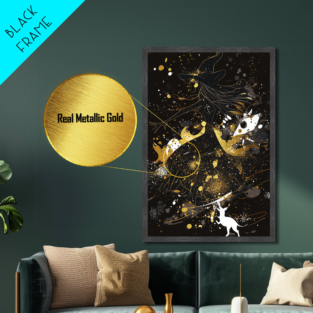 Witchy Woman Metallic Gold Art Silhouette | Spooky Season Halloween Metal Art Print | Natural Wood Framed Wall Hanging