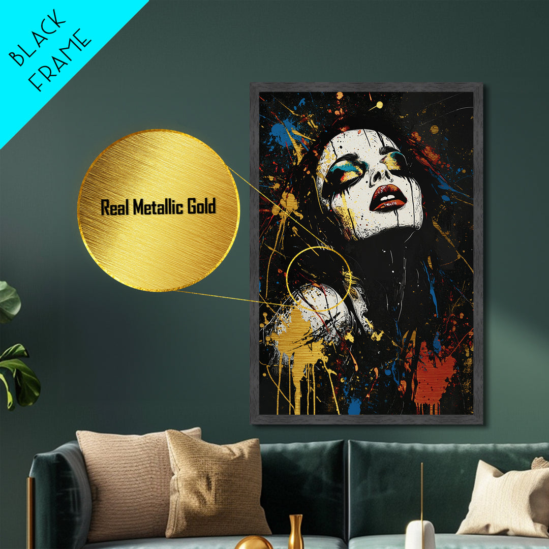 Metallic Gold Art Gothic Clown Woman | Spooky Halloween Metal Art Portrait | Creepy Horror Wall Art Framed in Real Wood