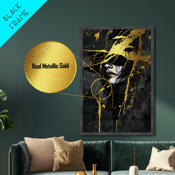 Dark Witch Metallic Gold Art Portrait | Gothic Halloween Metal Art Print | Haunted Wall Decor with Natural Wood Frame