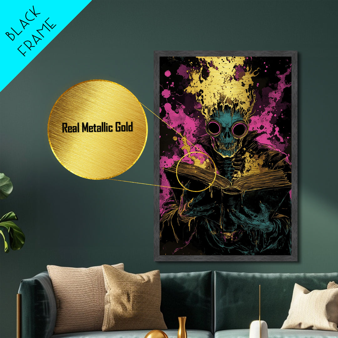 Haunted Skull Reader Metallic Gold Art | Horror Gothic Halloween Metal Art Print | Creepy Spooky Wall Decor with Wood Frame