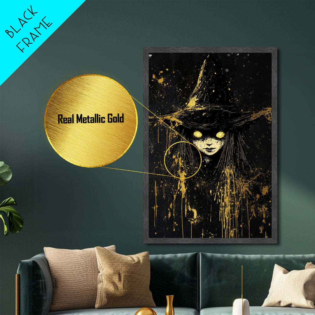 Glowing Eyes Witch Metallic Gold Art | Spooky Halloween Wall Art | Metal Art Splatter Design with Real Wood Frame