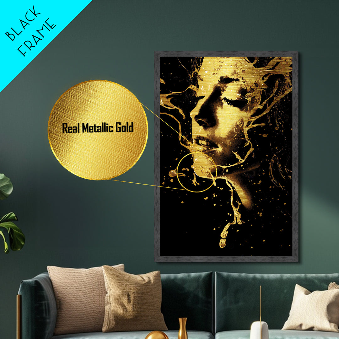 Witchy Woman Portrait Metal Art, Metallic Gold Art in Natural Wood Frame, Creepy Halloween Wall Hanging Gothic Décor
