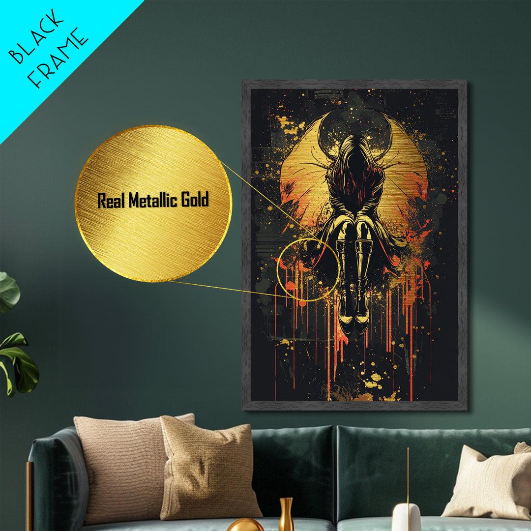 Dark Angel With Fiery Wings, Gothic Metal Art Print, Metallic Gold Art For Spooky Season Framed In Solid Wood