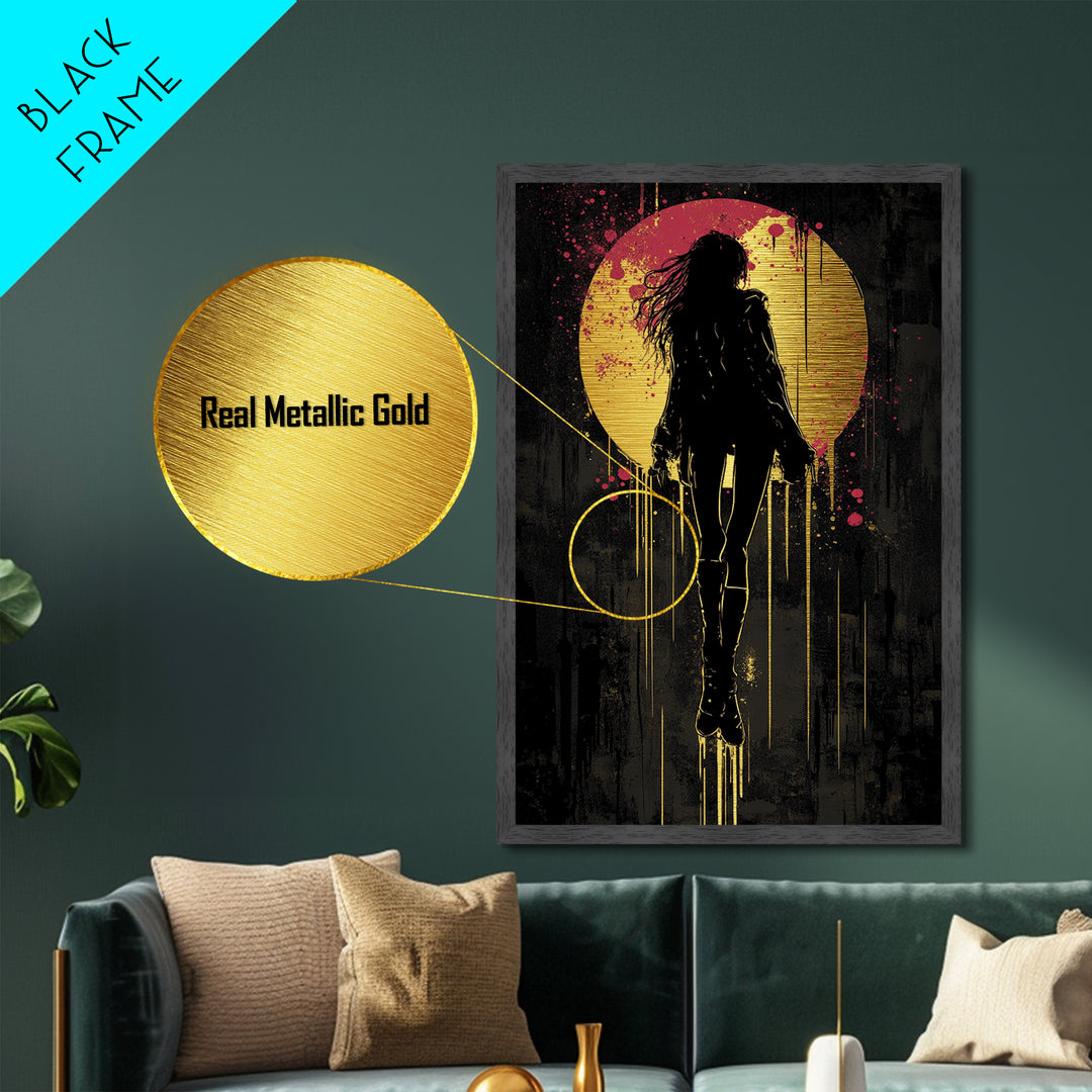 Moonlit Shadow Gothic Wall Art, Metallic Gold Art Halloween Print, Spooky Metal Art Framed With Handcrafted Real Wood