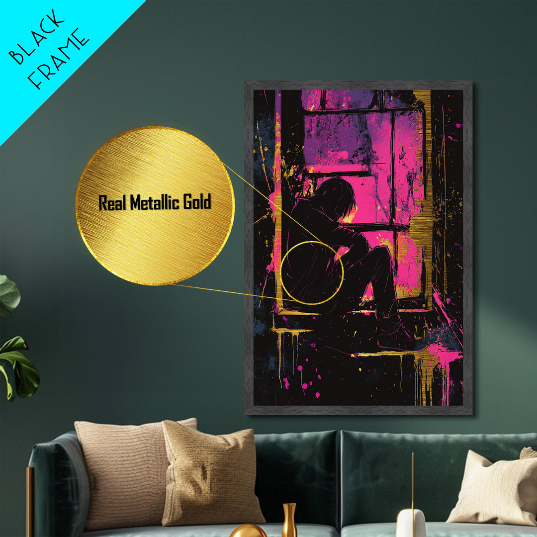 Haunted Window Silhouette, Spooky Season Metallic Gold Art, Vibrant Gothic Metal Art In Wooden Frame For Halloween Décor