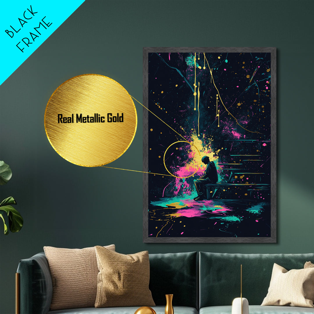 Lonely Figure On Bench, Cosmic Splatter Halloween Metallic Gold Art, Gothic Metal Art With Framing In Real Wood