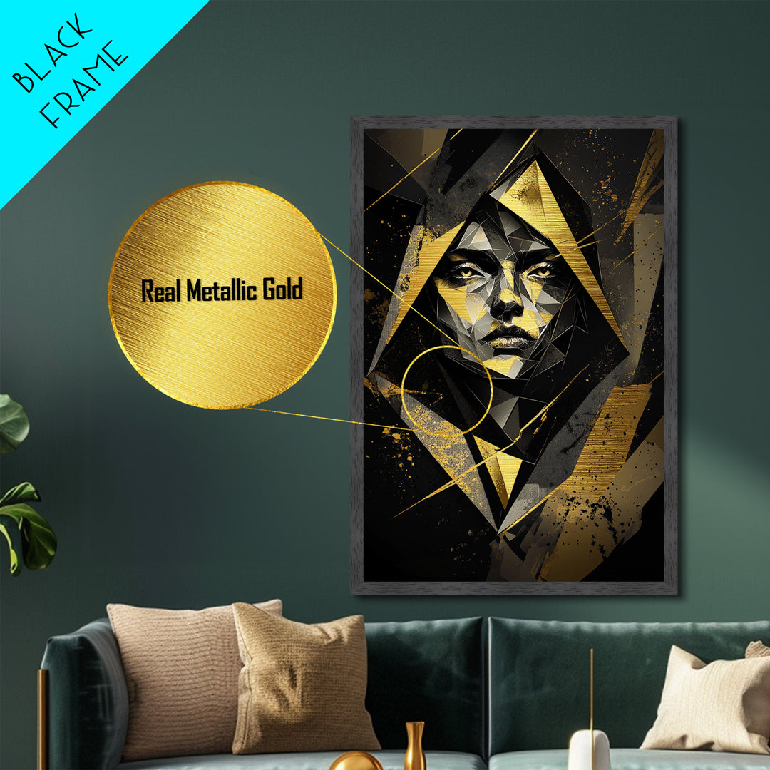 Geometric Gothic Portrait, Halloween Inspired Metallic Gold Art, Unique Metal Art Print In A Handcrafted Wooden Frame