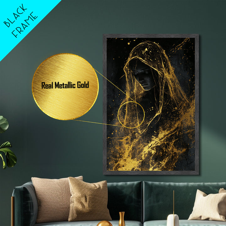 Golden Veil Haunted Figure, Metallic Gold Art Gothic Metal Art For Spooky Halloween Wall Décor, Framed In Real Wood