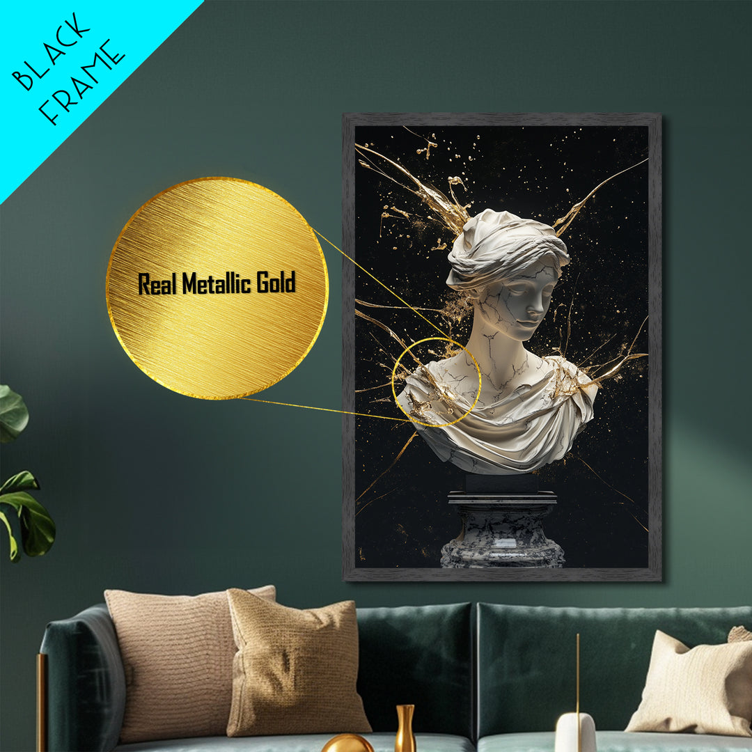 Classical Marble Witch Goddess Bust – Metallic Gold Art, Halloween Metal Art Print in Real Wood Frame, Elegant Spooky Decor