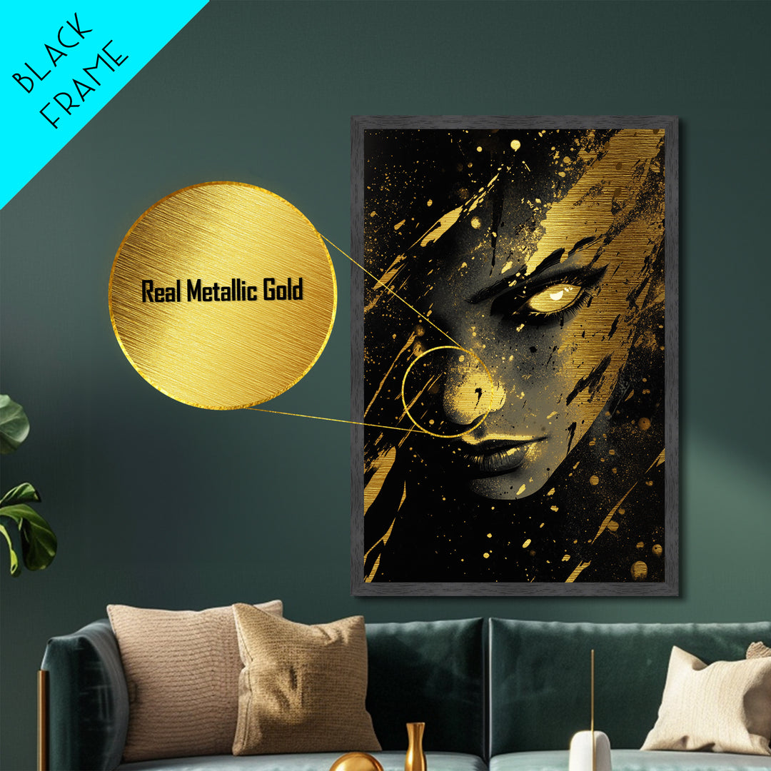 Haunted Face Metallic Gold Art | Spooky Halloween Witch Portrait Wall Decor | Metal Art in Real Wood Frame