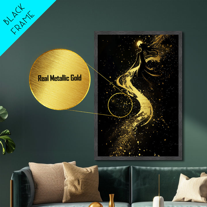 Celestial Witch Ascending, Halloween Metallic Gold Art, Spooky Gothic Metal Art Framed In Elegant Handcrafted Wooden Frame