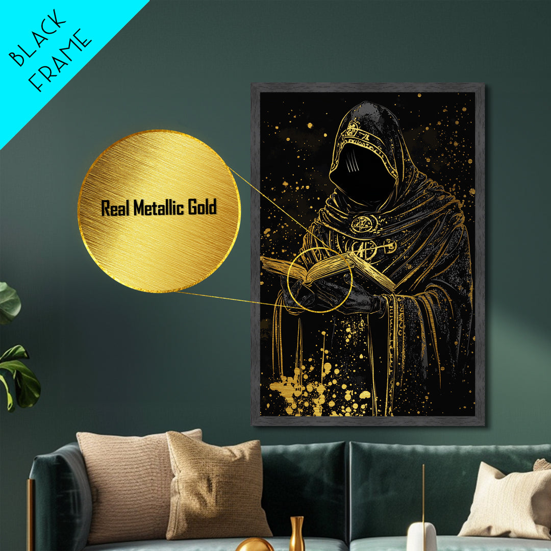 Creepy Occult Priest Metallic Gold Art Metal Art Halloween Gothic Horror Wall Hanging With Natural Wood Frame Spooky Decor