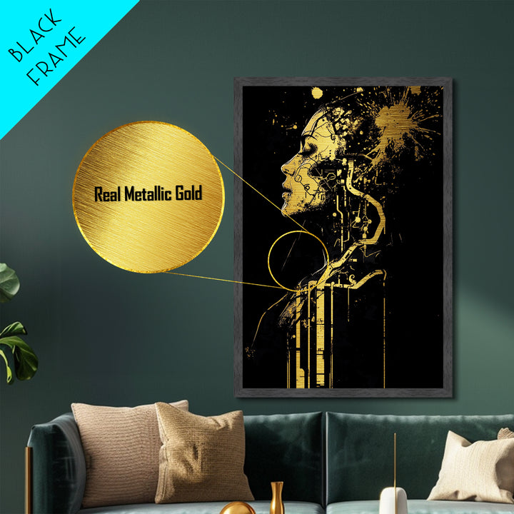 Cyberpunk Witch Metallic Gold Art Metal Art Gothic Halloween Portrait Spooky Futuristic Decor In Natural Wood Frame