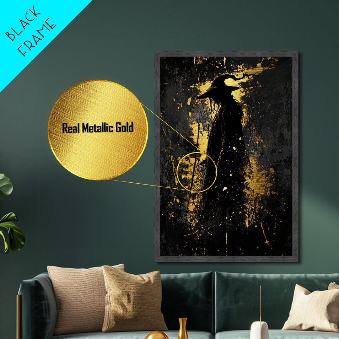 Haunted Wizard Metallic Gold Art Metal Art Halloween Gothic Witchy Wall Art Framed In Real Wood Spooky Season Home Decor