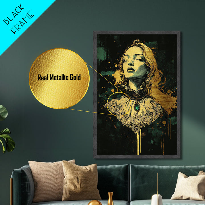 Gothic Victorian Woman Portrait Metallic Gold Art Metal Art Halloween Wall Decor Spooky Dark Academia Style in Real Wood Frame
