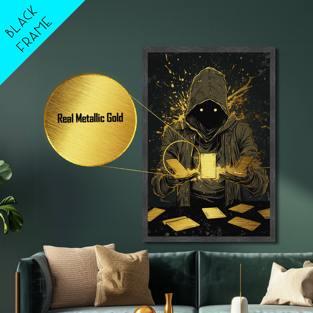 Spooky Tarot Magician Metallic Gold Art Metal Art Halloween Gothic Wall Hanging In Natural Wood Frame Haunted Witchy Decor