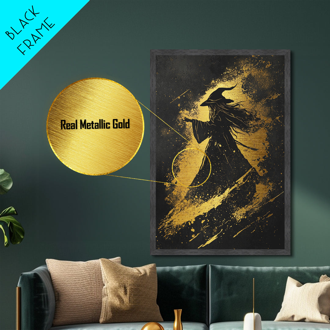 Witch Silhouette Metallic Gold Art Metal Art | Gothic Halloween Wall Decor Framed in Real Wood | Haunted Witchy Spooky Print