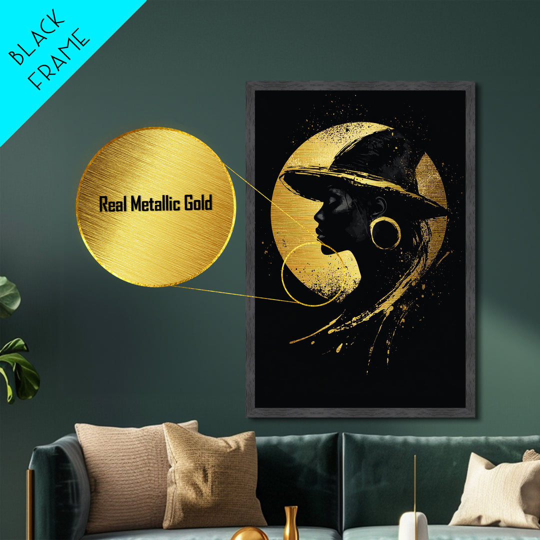 Gothic Witch Silhouette Metallic Gold Art Metal Art | Witchy Halloween Portrait in Real Wood Frame | Haunted Spooky Season Print