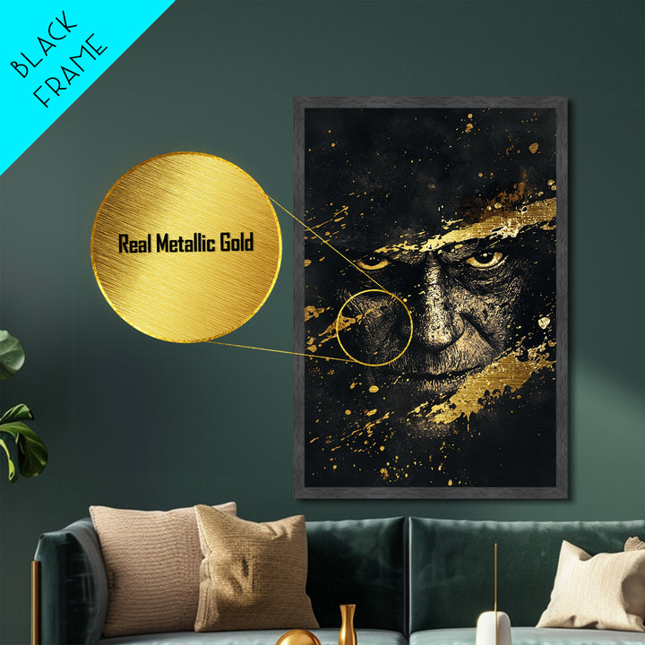 Dark Sorcerer Metallic Gold Art Metal Art | Haunted Gothic Portrait Halloween Wall Decor with Real Wood Frame | Spooky Print