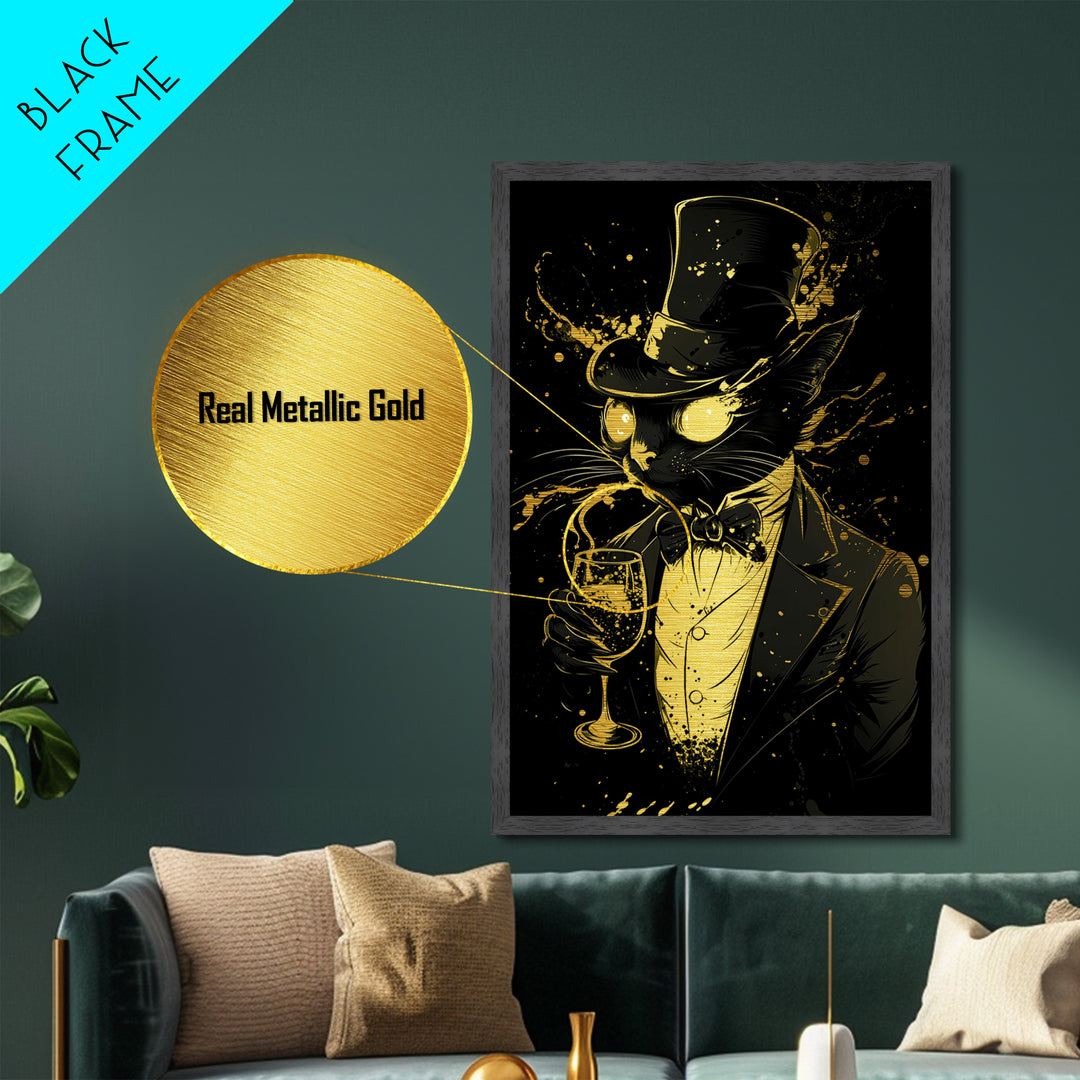 Black Cat in Top Hat Metallic Gold Art Metal Art | Spooky Season Halloween Decor | Framed in Real Wood Gothic Haunted Artwork