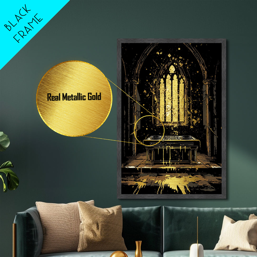 Haunted Cathedral DJ Booth Metallic Gold Art Metal Art Gothic Halloween Wall Decor Spooky Music Party Scene in Real Wood Frame