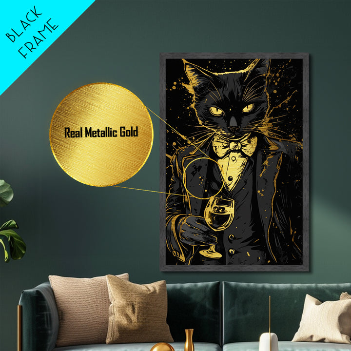 Dapper Cat Portrait Metallic Gold Art Metal Art | Creepy Halloween Gothic Wall Art with Real Wood Frame | Haunted Spooky Decor