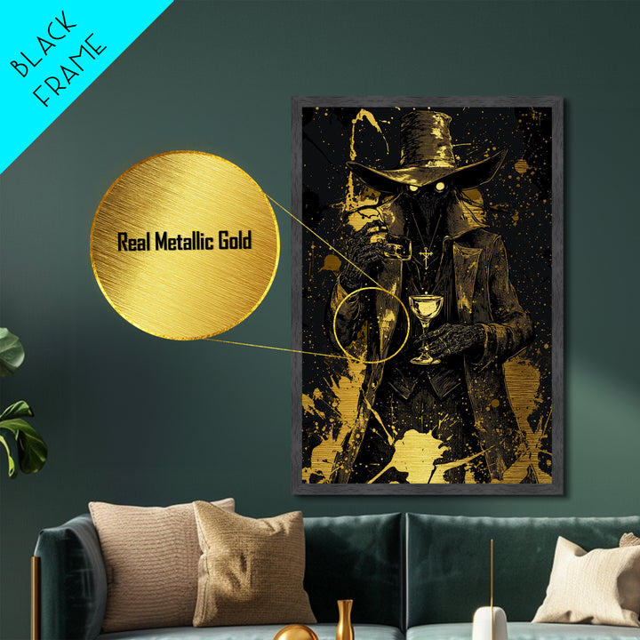 Witchy Plague Doctor Metallic Gold Art Metal Art Gothic Horror Halloween Print With Natural Wood Frame For Spooky Season