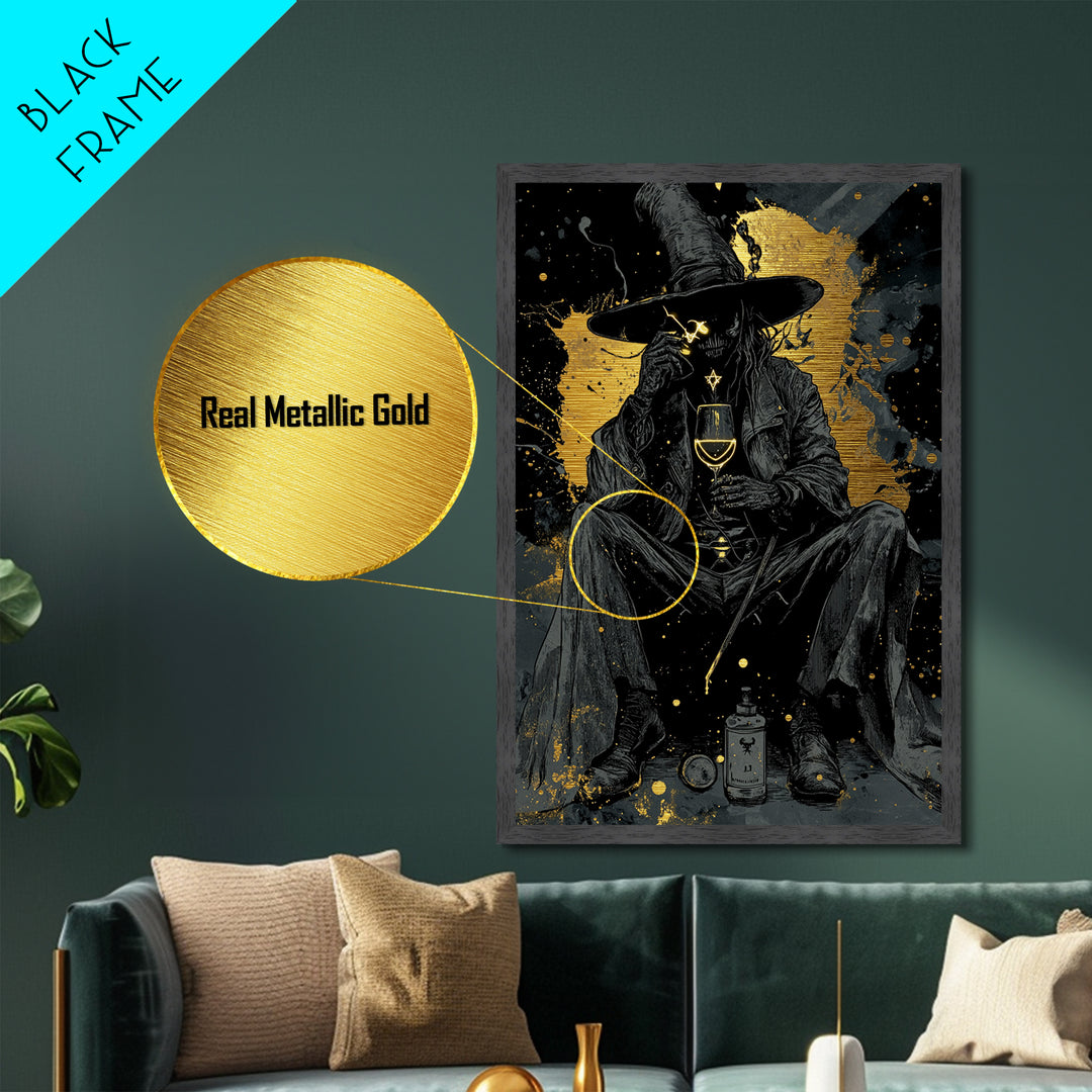 Creepy Gothic Sorcerer Metallic Gold Art Metal Art Spooky Halloween Wall Hanging In Real Wood Frame Witchcraft Inspired