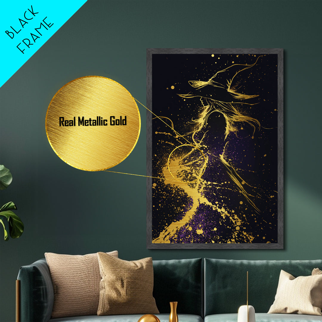 Mystical Witch Silhouette Metallic Gold Art Metal Art Spooky Season Halloween Decor With Framing In Natural Real Wood