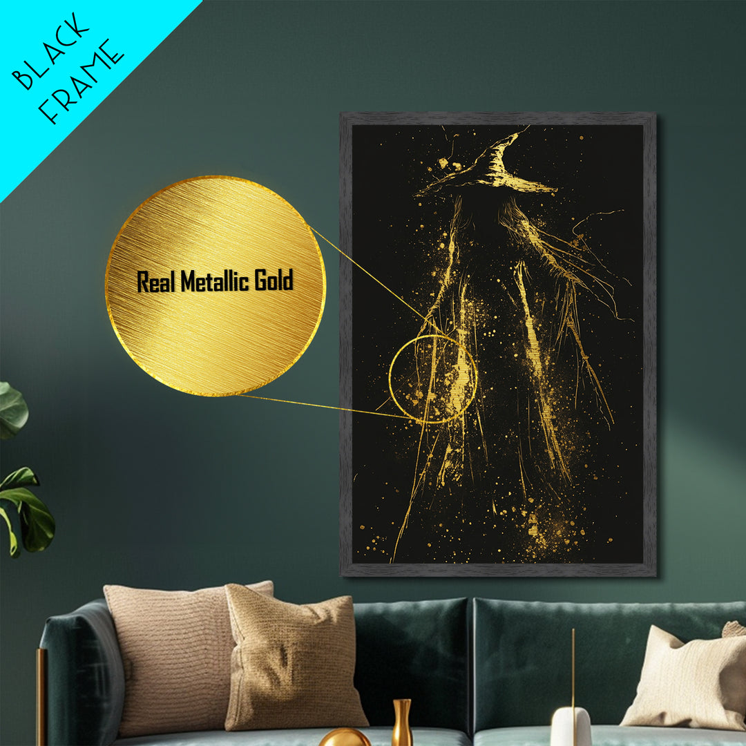 Dark Shadowy Sorcerer Metallic Gold Art Metal Art Haunted Gothic Halloween Wall Print With Real Wood Framed Presentation
