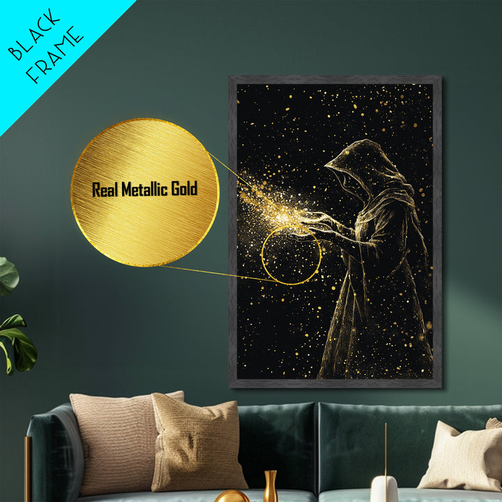 Enchanted Hooded Figure Metallic Gold Art Metal Art Halloween Spooky Wall Art Framed In Natural Wood For Gothic Home