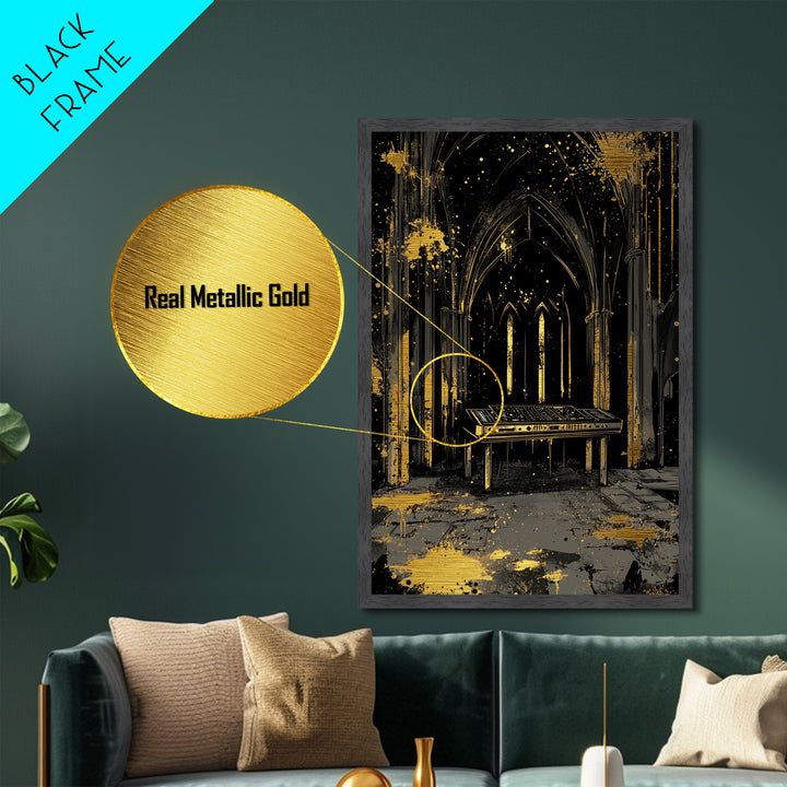 Spooky Gothic Church Metallic Gold Art Metal Art Halloween Wall Decor Haunted Cathedral Nightclub Vibe in Real Wood Frame
