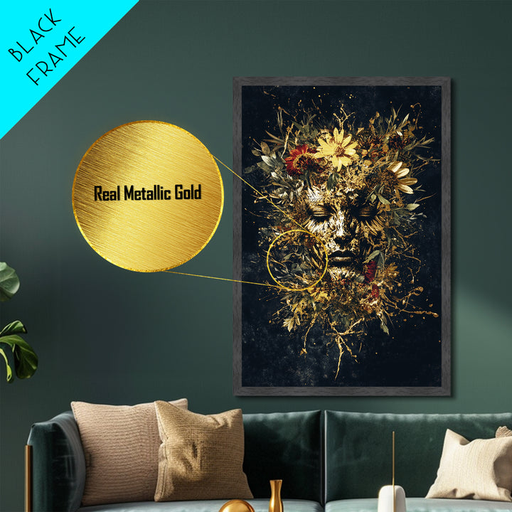 Floral Gothic Mask Metallic Gold Art Metal Art Creepy Halloween Portrait Print Framed In Real Wood For Spooky Home Decor