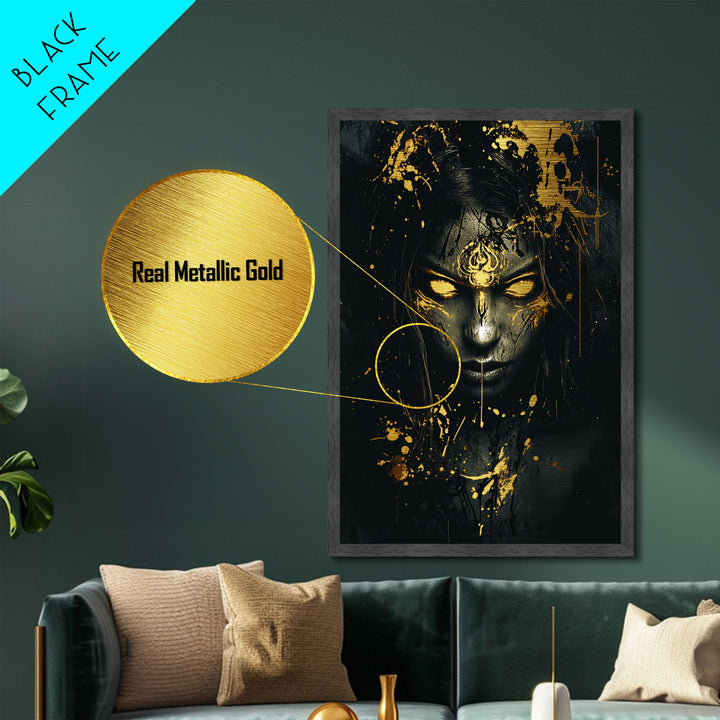 Witchy Woman Metallic Gold Art Spooky Season Portrait, Creepy Metal Art With Fiery Eyes, Halloween Wall Art In Real Wood Frame