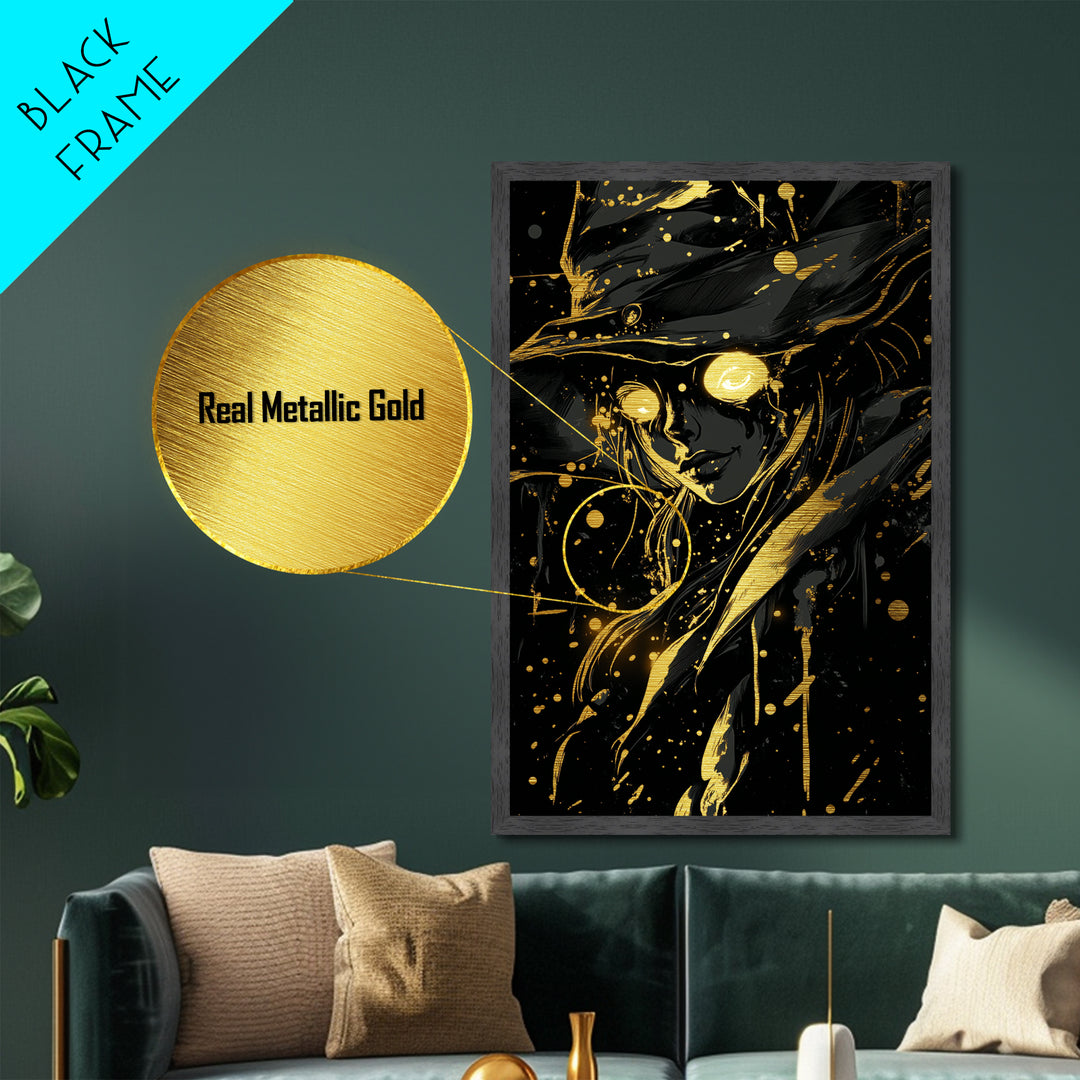 Haunted Sorceress Metallic Gold Art Witch Illustration, Spooky Metal Art For Halloween Gothic Decor, Natural Wood Frame Included