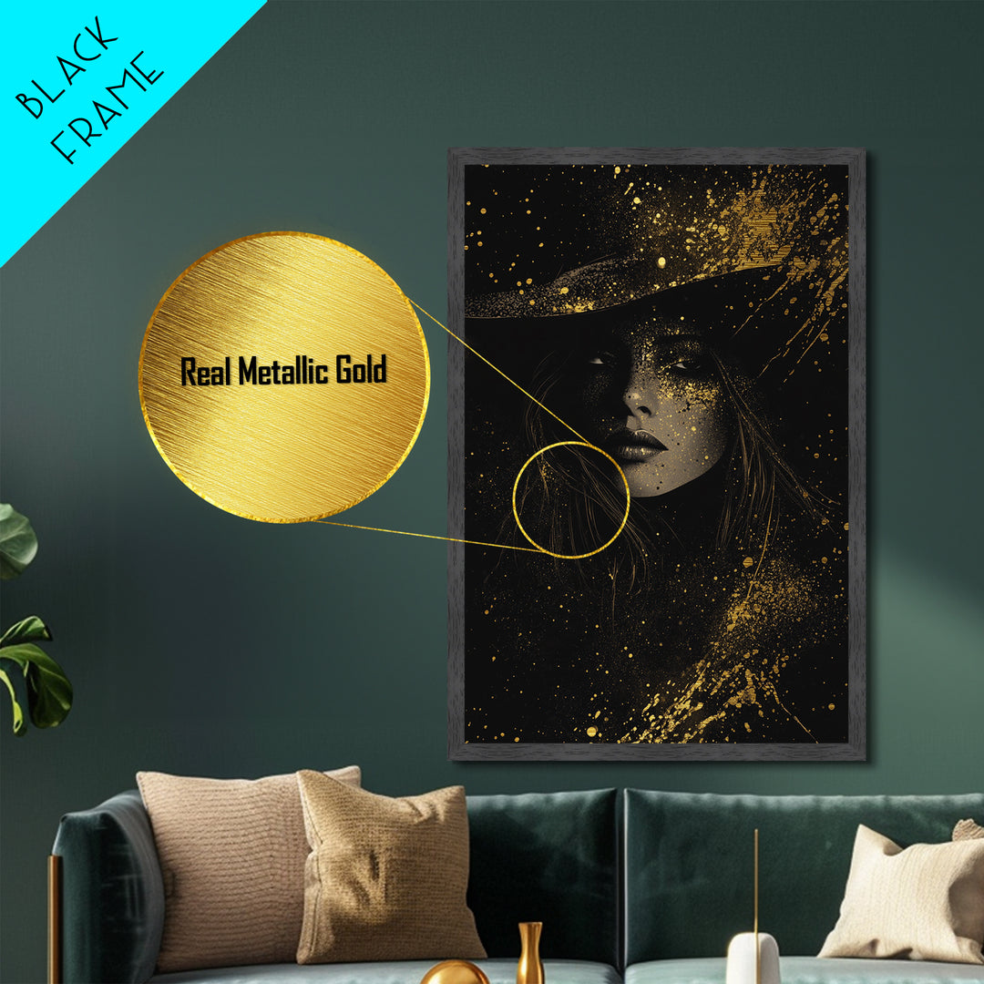 Dark Enchantress Metallic Gold Art Witchy Portrait, Metal Art Halloween Wall Hanging, Spooky Season Magic Framed In Real Wood