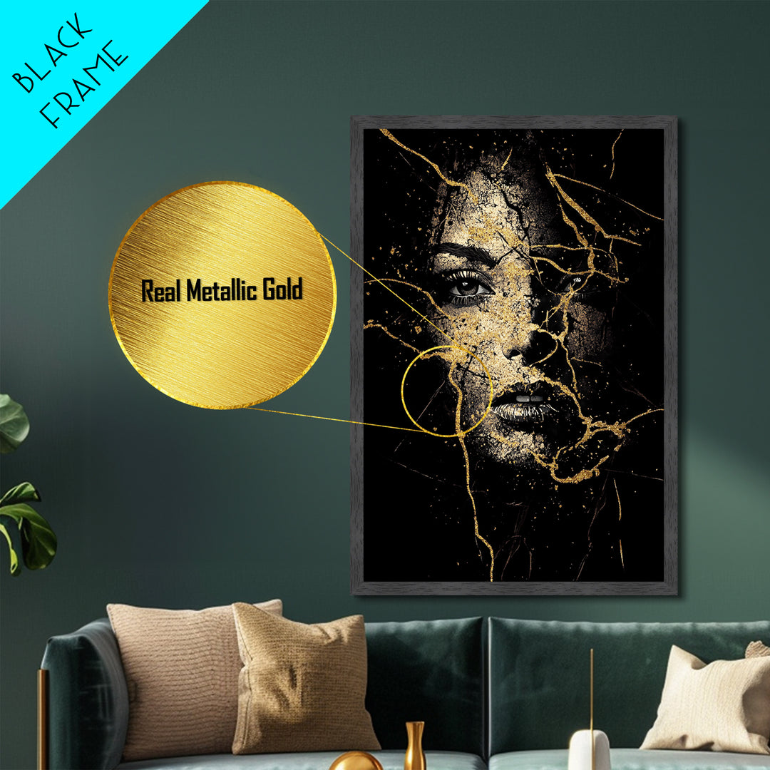 Cracked Face Metallic Gold Art Gothic Halloween Portrait, Haunted Metal Art Creepy Wall Decor, Spooky Season Style With Wood Frame