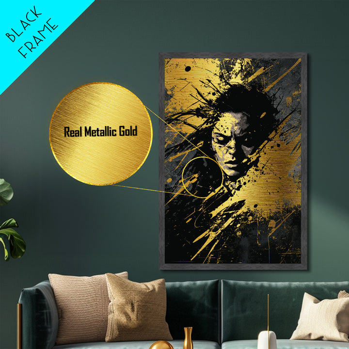 Sinister Face Metallic Gold Art Haunted Halloween Portrait, Gothic Metal Art Spooky Season Wall Design, With Real Wood Framing