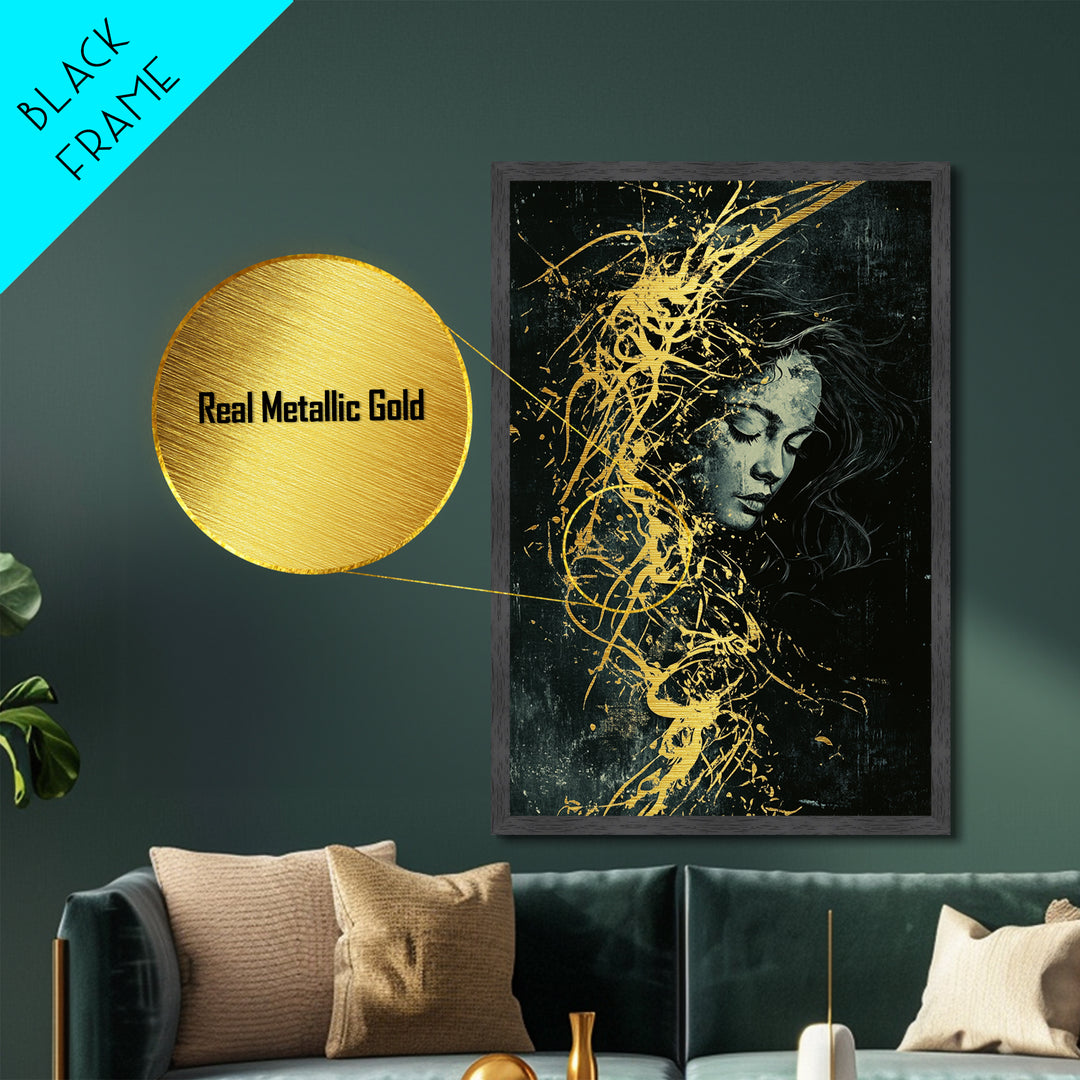 Whimsical Witch Metallic Gold Art Spooky Portrait, Halloween Metal Art Haunted Illustration, Framed In Real Wood For Gothic Decor