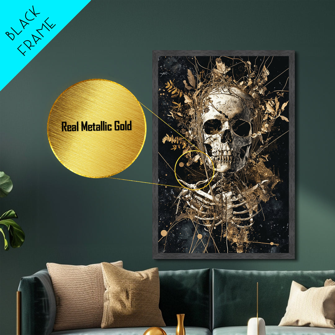 Skeleton Skull with Flowers Metallic Gold Art Metal Art Gothic Halloween Wall Decor Spooky Skeleton Illustration in Real Wood Frame