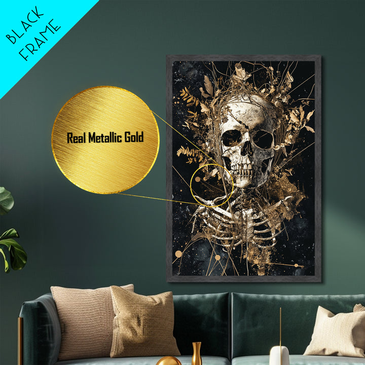 Skeleton Skull with Flowers Metallic Gold Art Metal Art Gothic Halloween Wall Decor Spooky Skeleton Illustration in Real Wood Frame