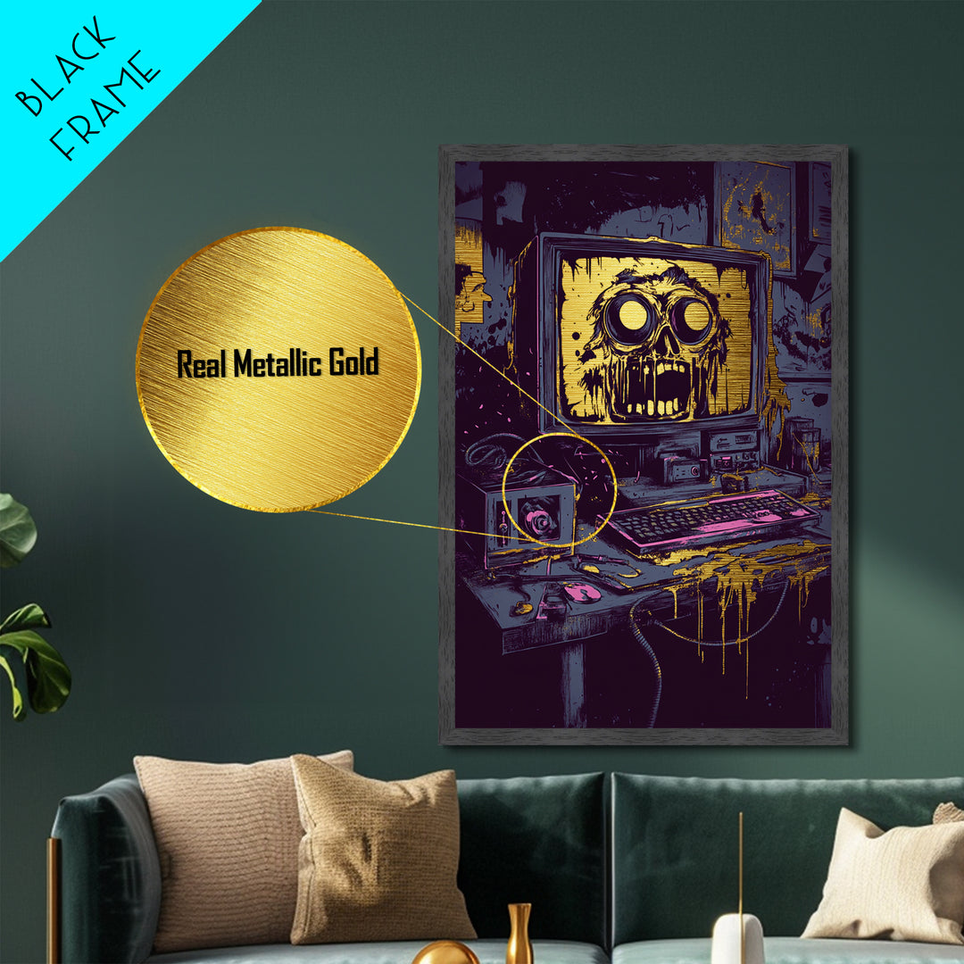 Haunted Computer Metallic Gold Art Creepy Tech Horror, Spooky Season Metal Art For Halloween, Gothic Wall Piece In Real Wood Frame