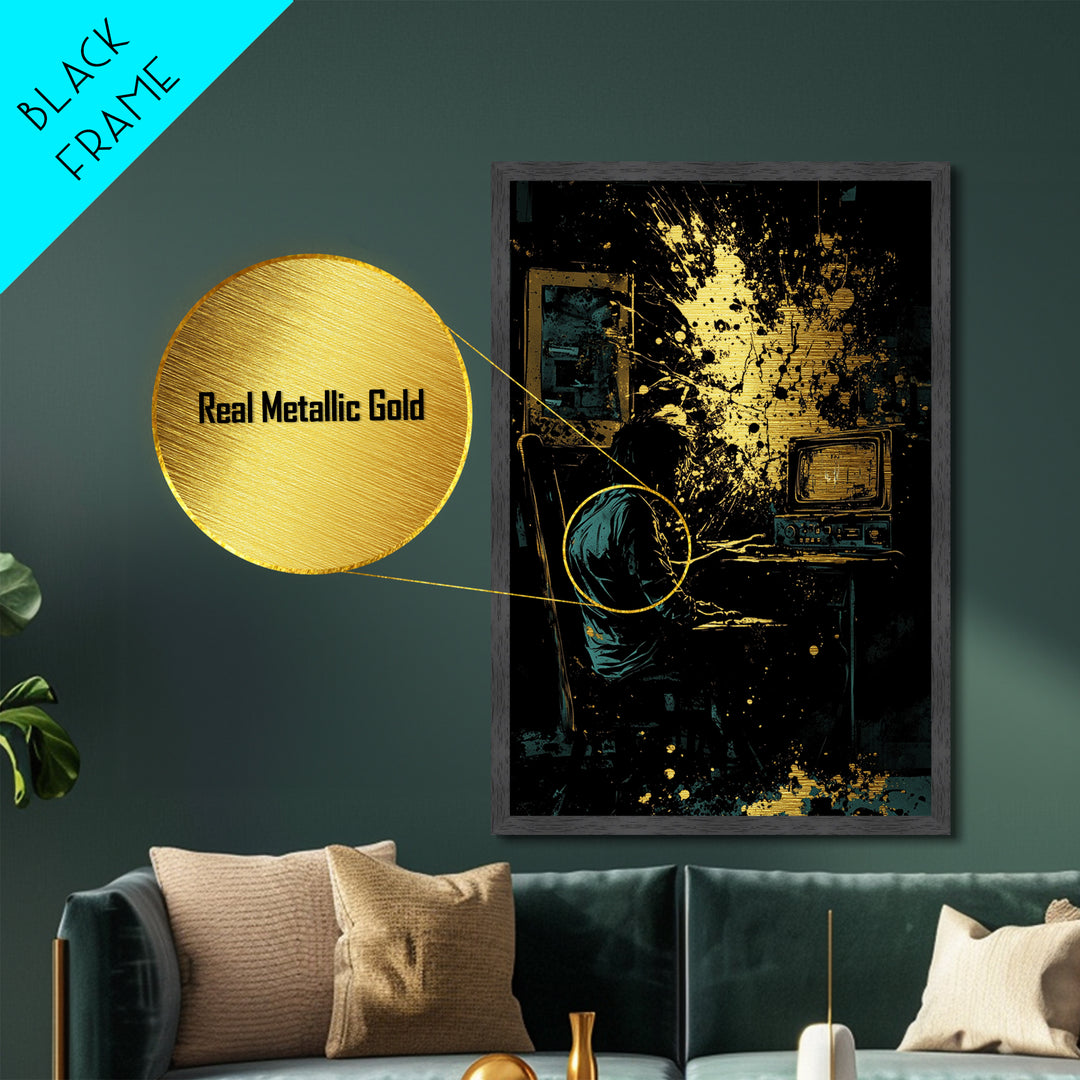 Haunted Horror Scene Metallic Gold Art Metal Art | Creepy Halloween Wall Decor in Real Wood Frame Gothic Spooky Season Print