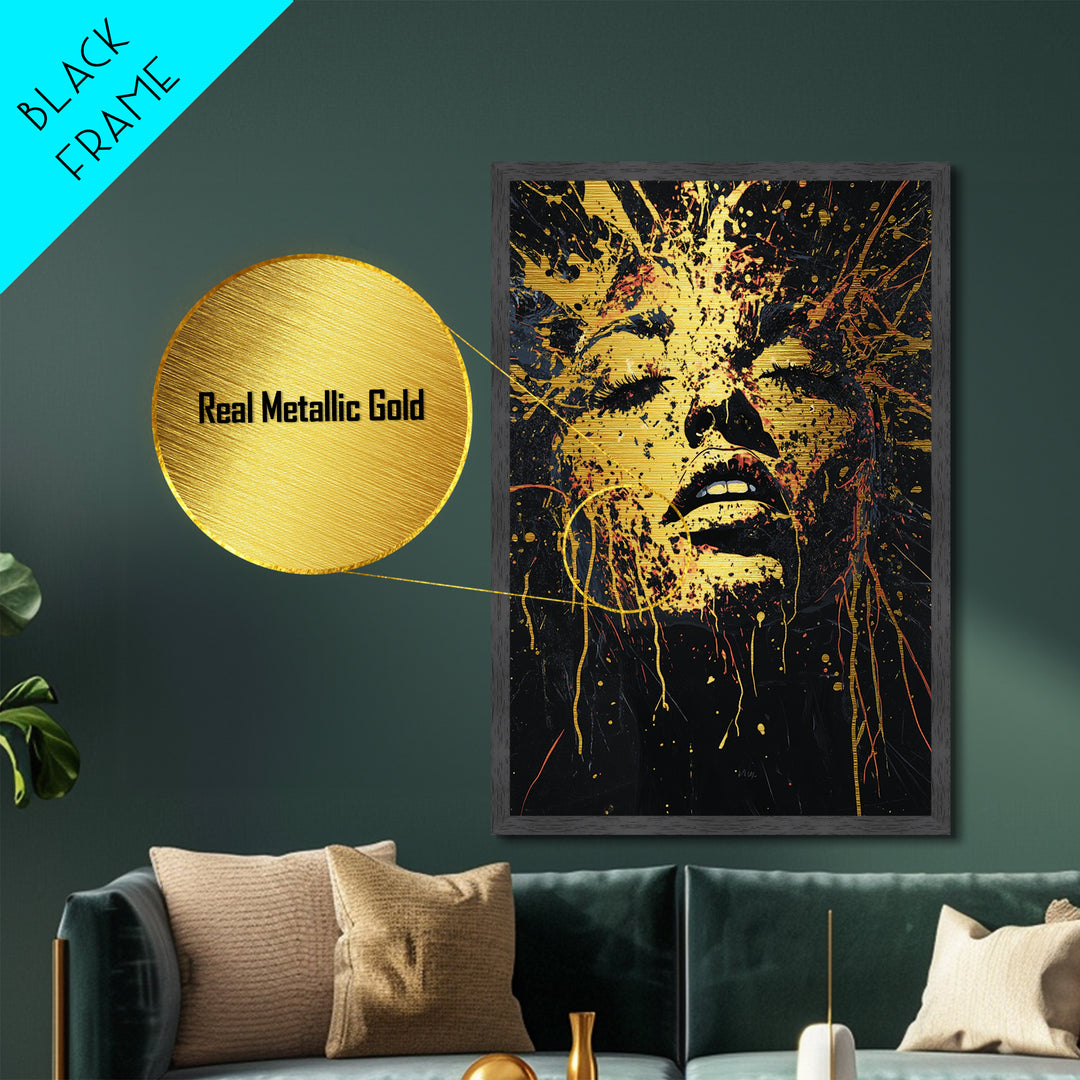 Witchy Woman Metallic Gold Art Metal Art | Gothic Halloween Portrait with Natural Wood Framed Design Spooky Witch Wall Hanging