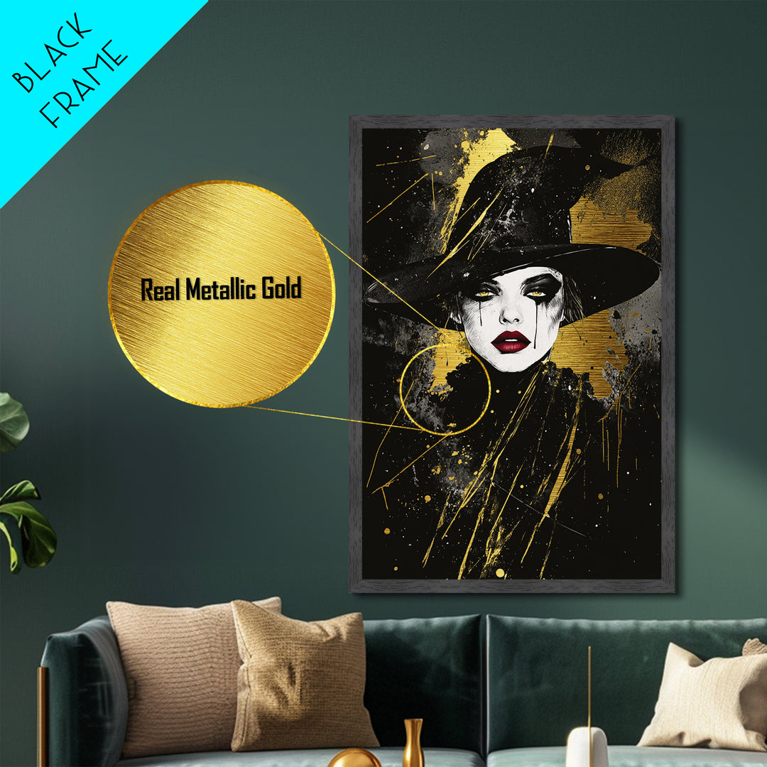 Spooky Witch Hat Metallic Gold Art Metal Art | Gothic Halloween Wall Print Crafted with Natural Wood Frame for Haunted Home Decor