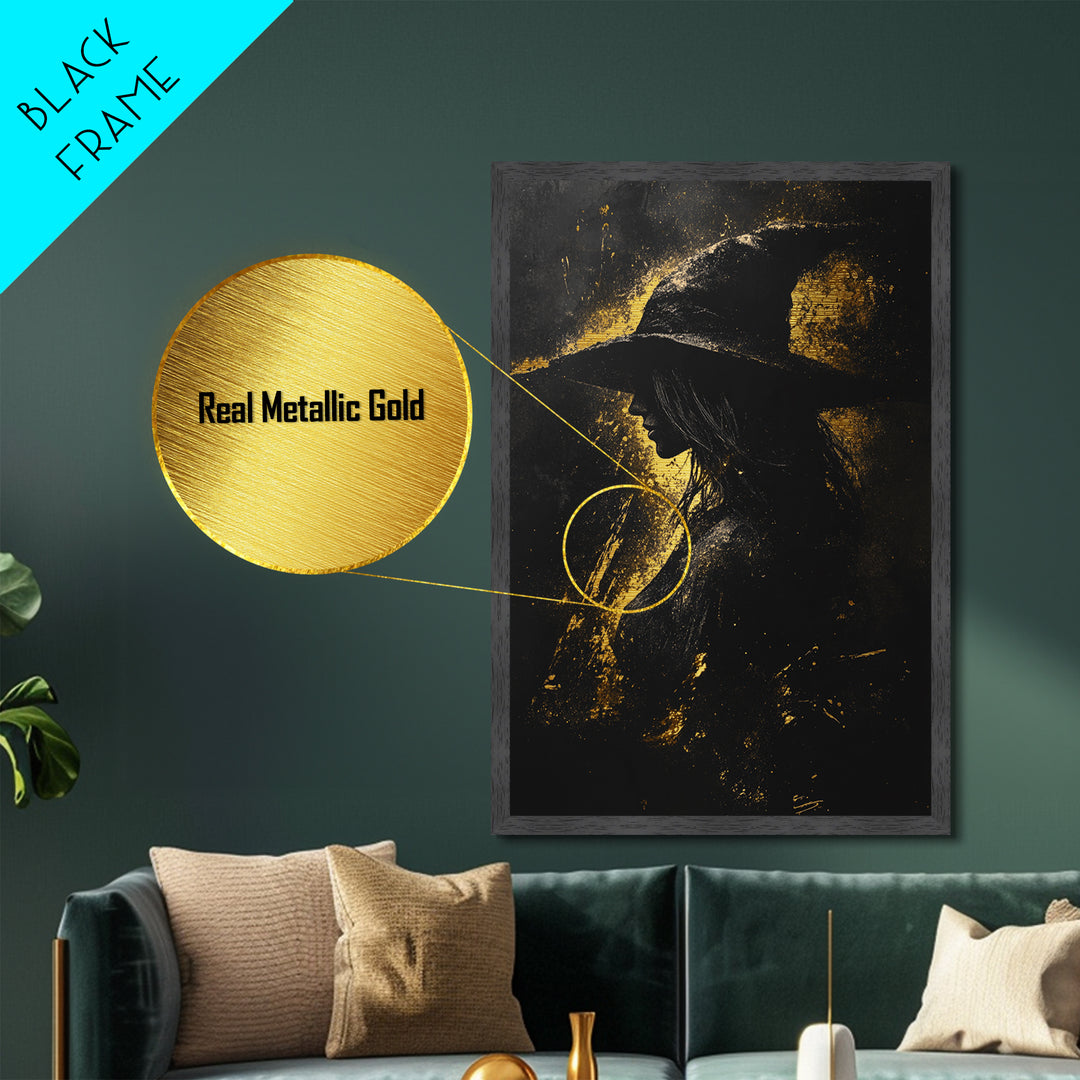 Enchanted Library Metallic Gold Art Metal Art | Haunted Book Lover’s Spooky Halloween Wall Hanging in Real Wood Frame Gothic Style